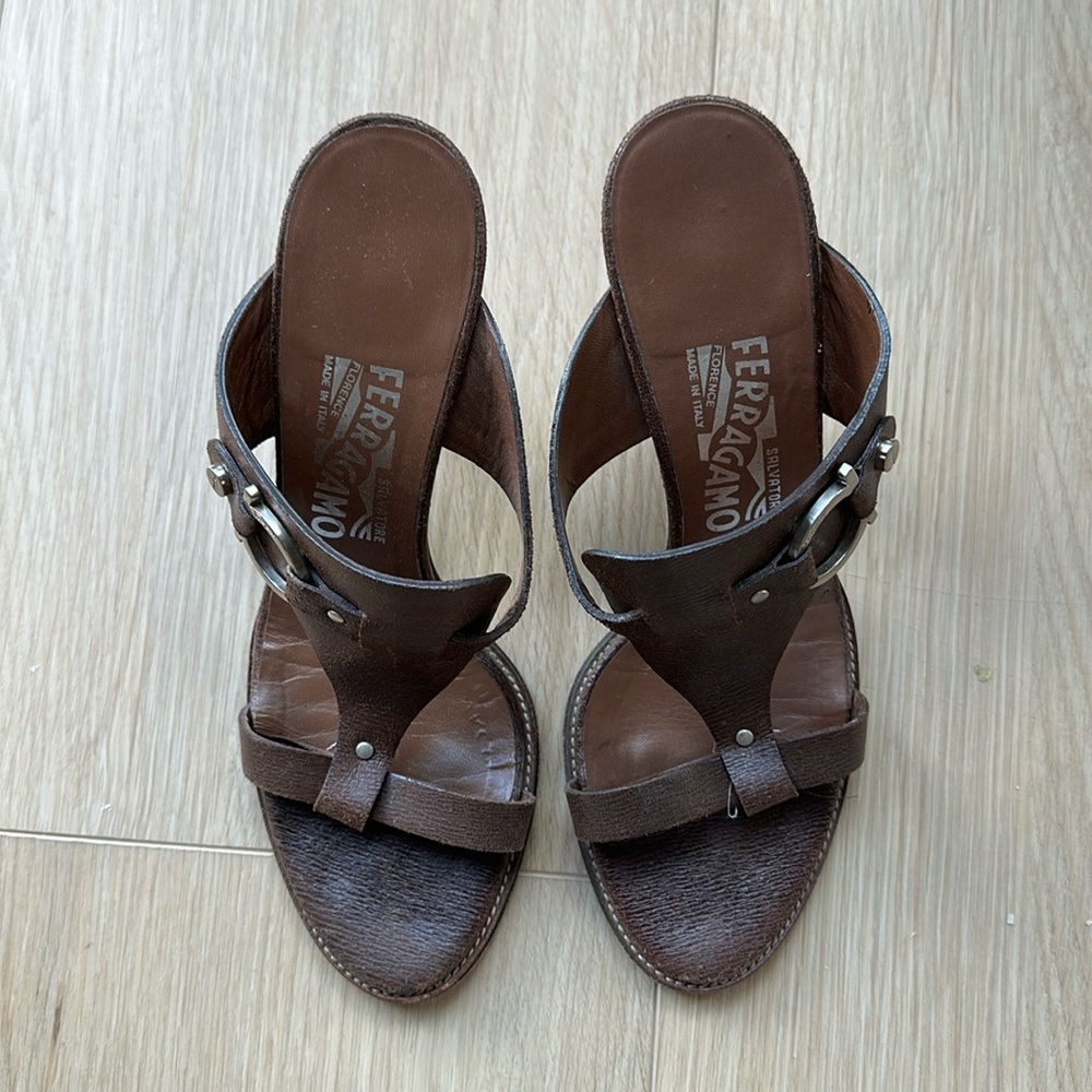 Ferragamo Brown Heeled Sandals with Logo Hardware - Size 6